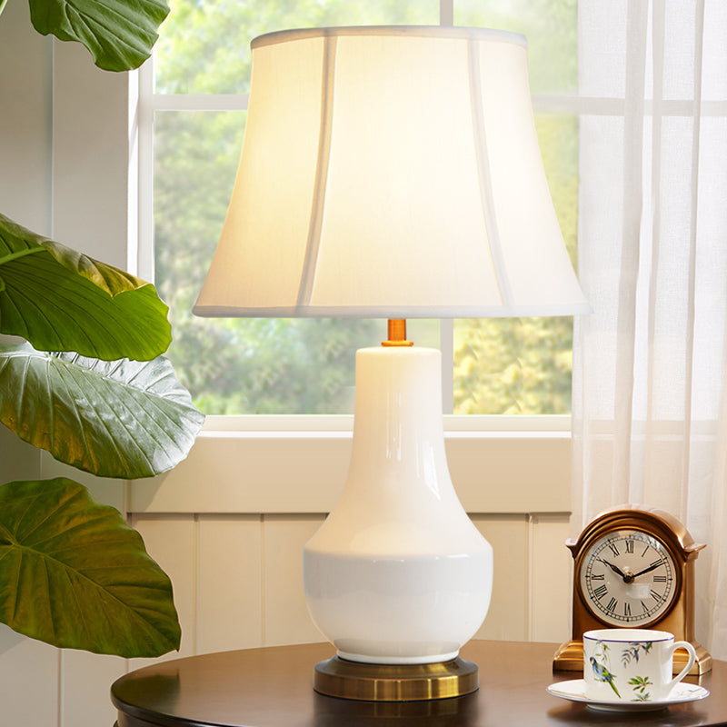 White Modern Bell Shape Desk Lamp With Ceramic Base - Fabric Shade 1 Bulb Table Light