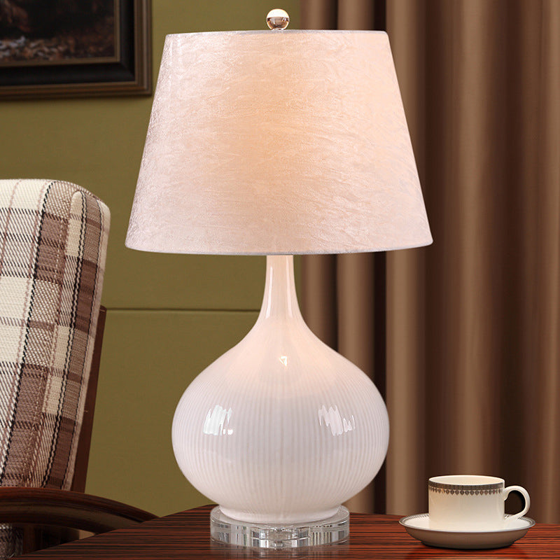Nordic White Living Room Desk Lamp - Elegant 1-Bulb Reading Light With Fabric Shade