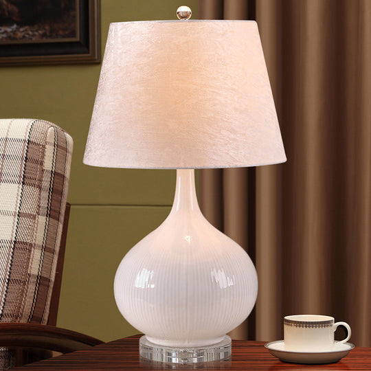 Nordic White Living Room Desk Lamp - Elegant 1-Bulb Reading Light With Fabric Shade