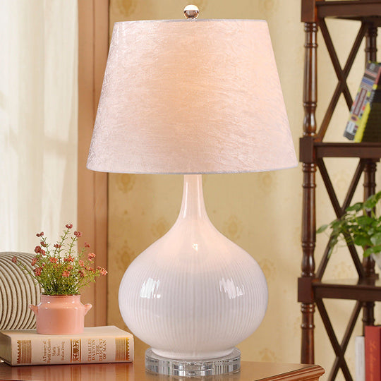 Nordic White Living Room Desk Lamp - Elegant 1-Bulb Reading Light With Fabric Shade