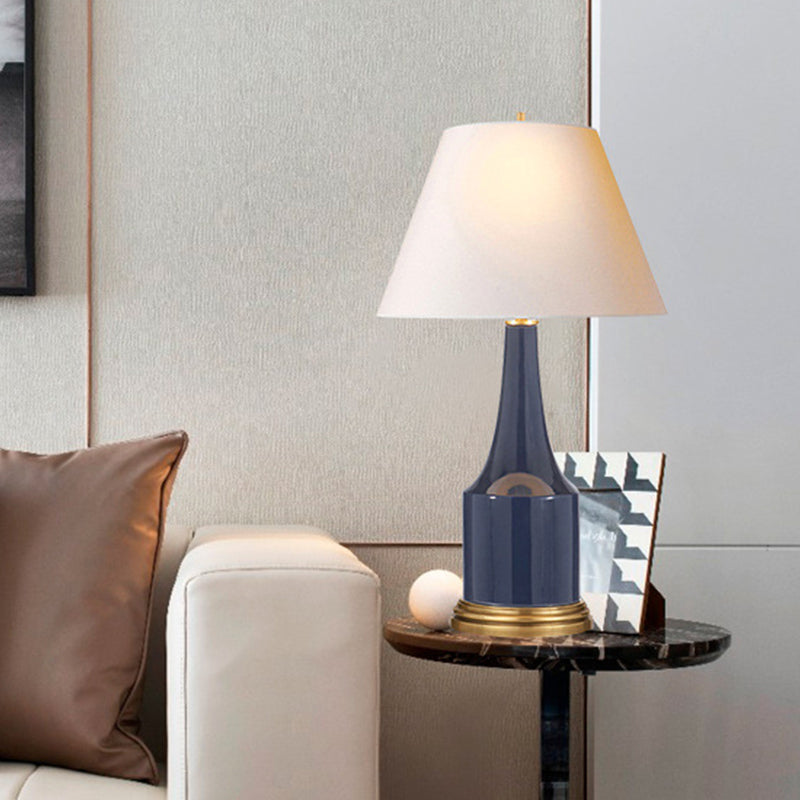 Modern Cone Desk Lamp - White Fabric Shade With Blue Ceramic Base