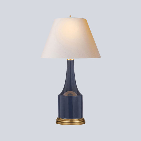 Modern Cone Desk Lamp - White Fabric Shade With Blue Ceramic Base