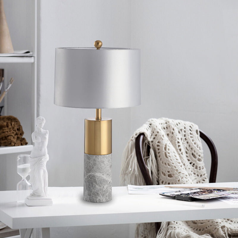 Modern Grey Cylinder Task Lamp: 1 Bulb Reading Light With Fabric Shade