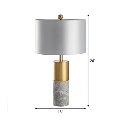 Modern Grey Cylinder Task Lamp: 1 Bulb Reading Light With Fabric Shade