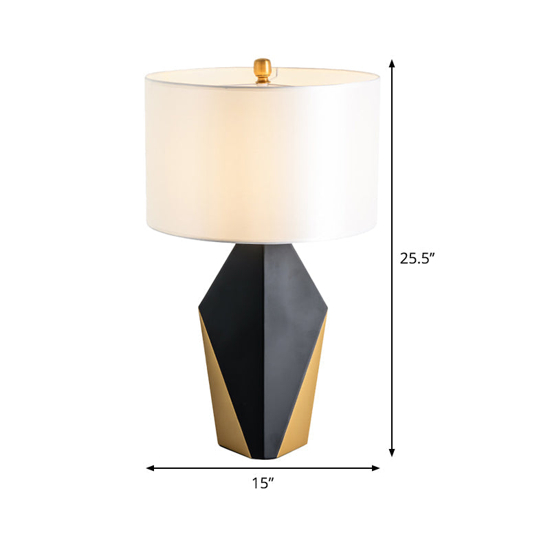 Modern Drum Fabric Table Light With Geometric Black Metal Base - White Reading Lamp