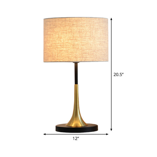 Flaxen Metal Table Lamp With Cylinder Fabric Shade - Ideal Bedroom Night Lighting