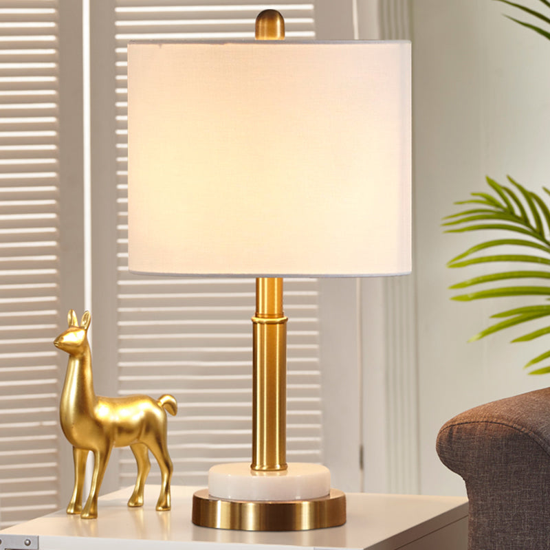 Simple Metal Cylindrical Nightstand Light With 1-Light White Fabric Lampshade For Living Room