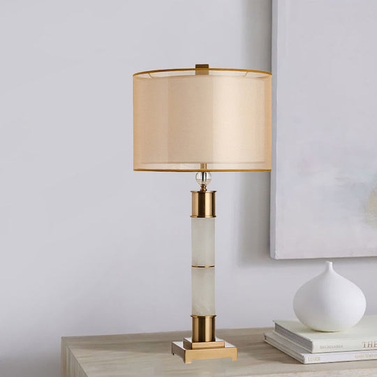 Modern Gold Metal Table Lamp: Fabric Drum Nightstand Lighting For Living Room