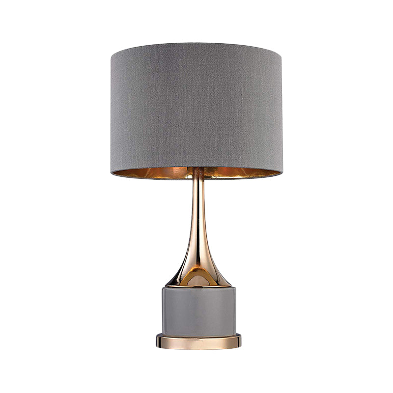 Contemporary Grey/White Cylinder Night Table Light - Fabric Nightstand Lighting For Living Room