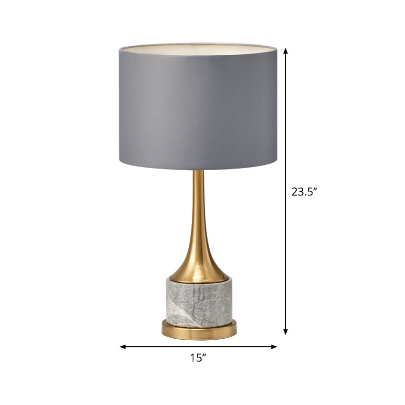 Modern Grey Drum Night Light Metal Table Lamp With Fabric Shade For Living Room