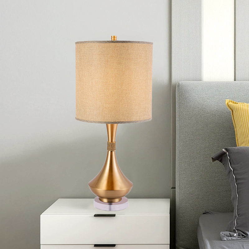 Modern Flaxen Metal Table Lamp For Bedroom Nightstand - Sleek 1-Light Design With Fabric Shade