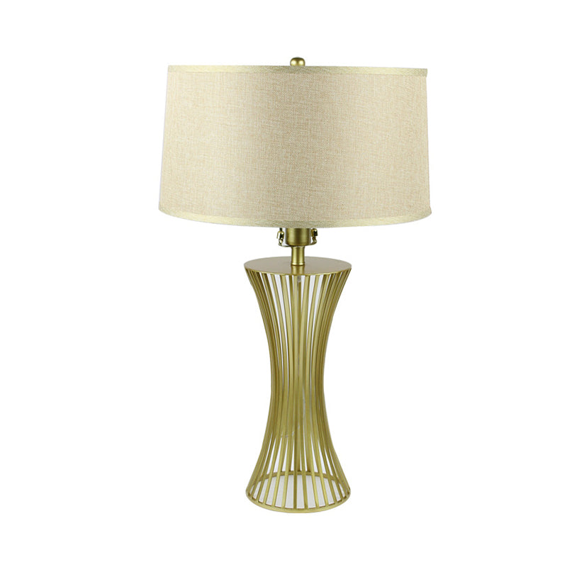 Sleek Green Metal Drum Table Lamp For Bedroom Nightstand - Simple Fabric Shade 1-Bulb Night Lighting