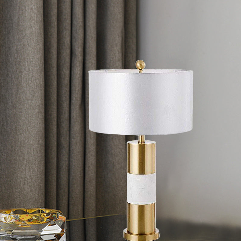 Minimalist White Metal Table Lamp With Fabric Shade - Bedroom Nightstand Lighting