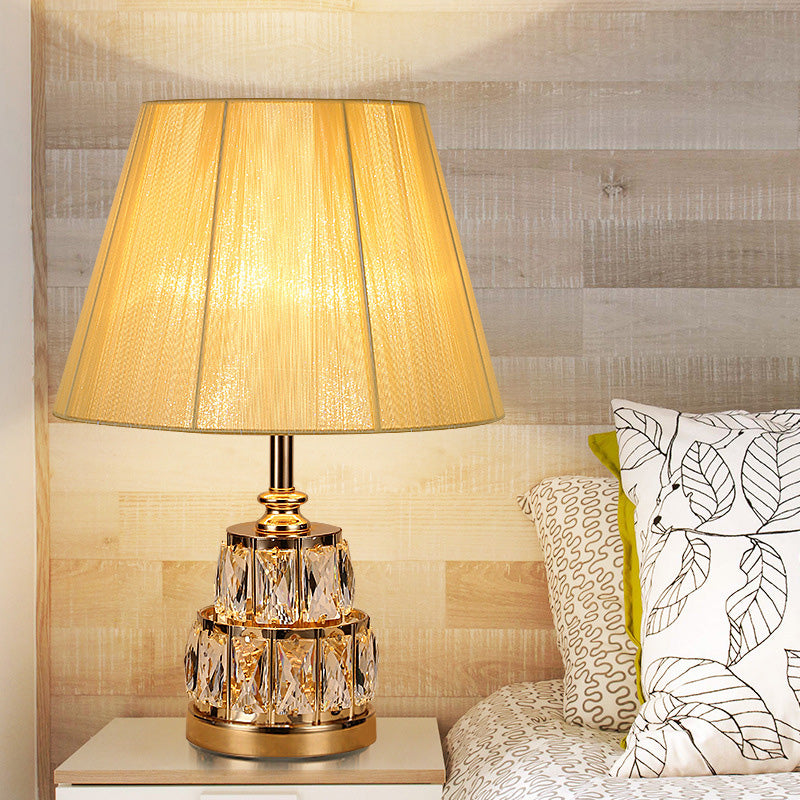 Modern Gold Nightstand Lamp With Fabric Shade And Clear Crystal Base - 1 Bulb Task Light