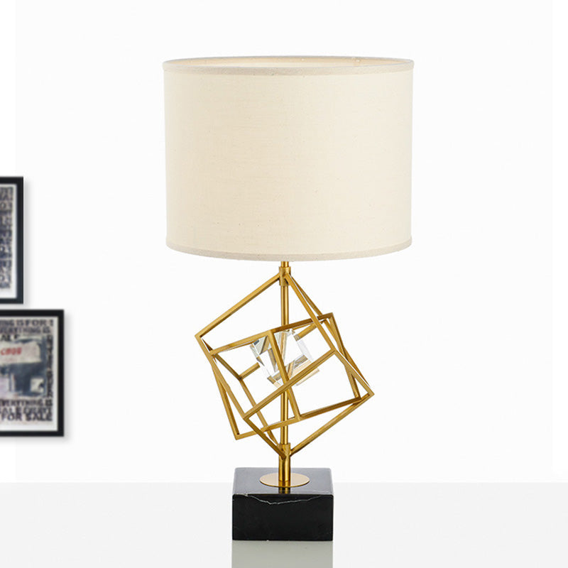 Modern Drum Task Lamp With Gold 1-Head Fabric Reading Light And Black Marble Base