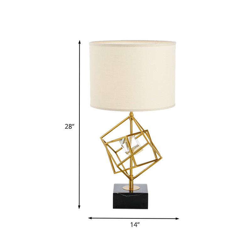 Modern Drum Task Lamp With Gold 1-Head Fabric Reading Light And Black Marble Base