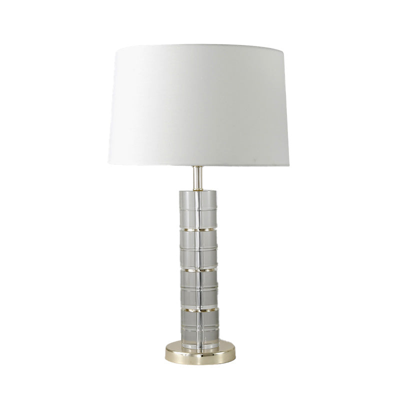 Chrome Small Desk Lamp With Clear Crystal Modern Cylindrical Fabric Table Light