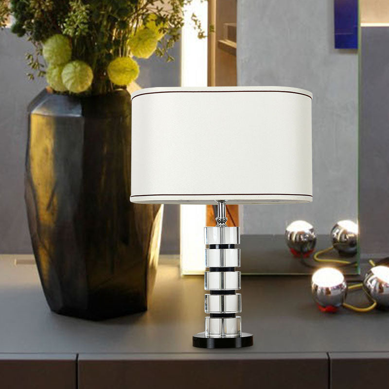 Contemporary Crystal Task Lamp - White Night Table Light With Fabric Shade