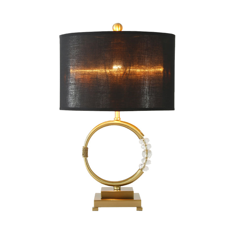 Modern Cylinder Shape Fabric Task Lamp - 1 Head Gold Table Light With Crystal Bead Sleek And Stylish
