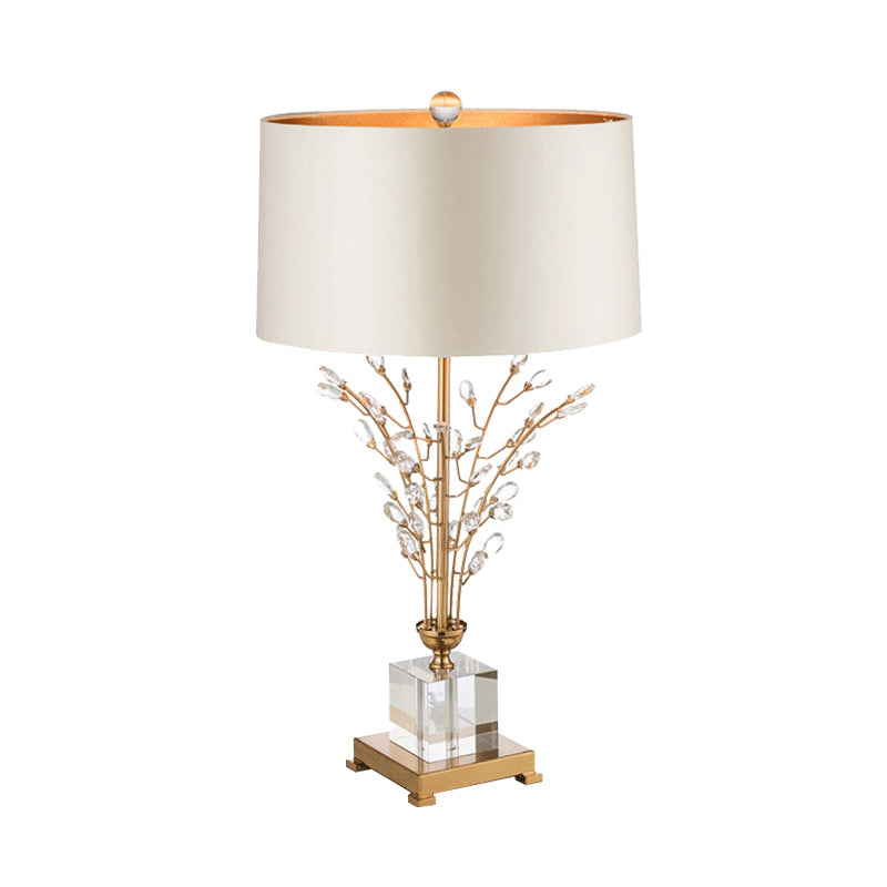 Small Gold Desk Lamp With Crystal Leaf - Modern Fabric Drum Table Light