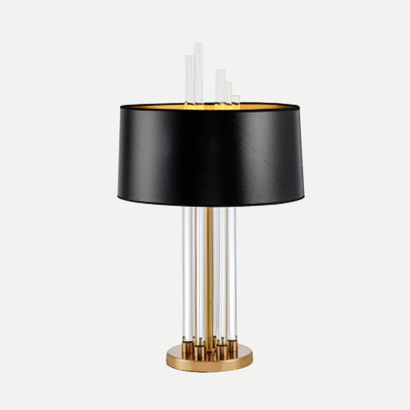 Modern Tubular Fabric Nightstand Lamp With Clear Crystal Accent And Gold Finish