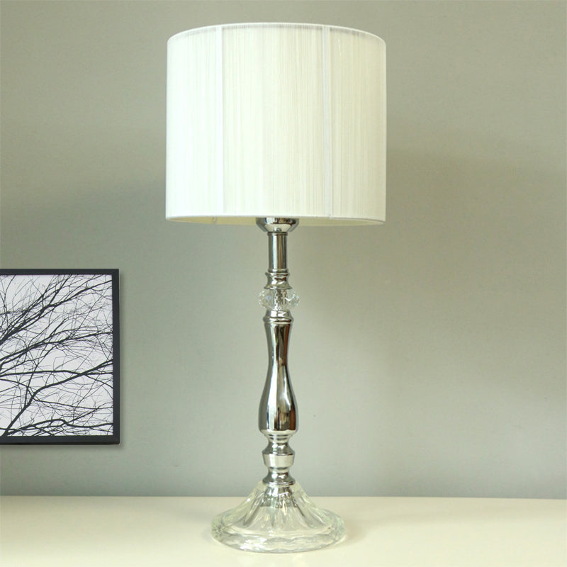 Modern Chrome Night Table Lamp With Barrel Shade - Bedroom Desk Light