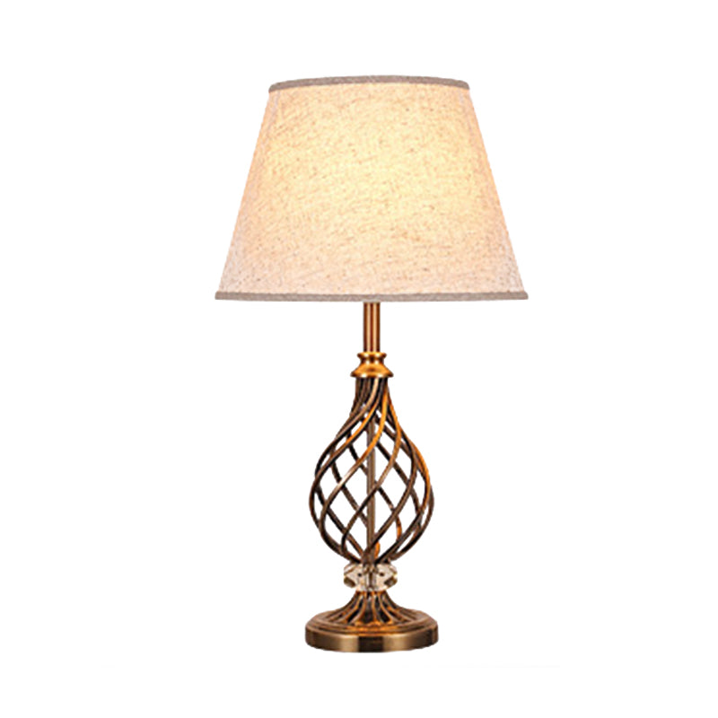 Modern Grey Fabric Conical Table Light With Laser Cut Gold Metallic Base - Desk Lamp