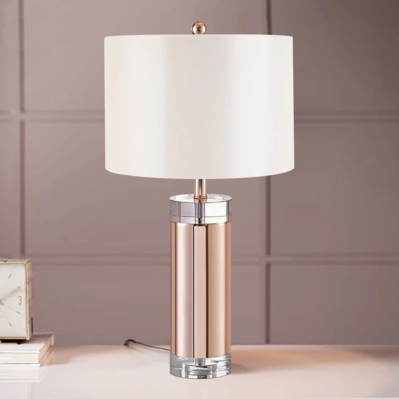 Small Rose Gold Desk Lamp - Modern Fabric Shade Straight Sided Design