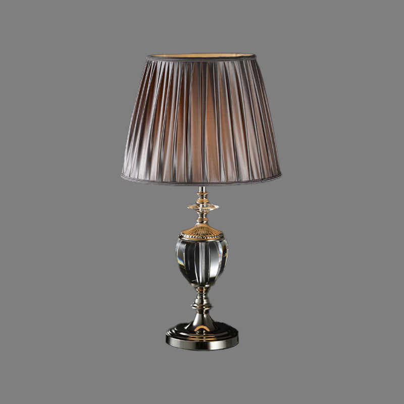 Modernist Grey Crystal Table Lamp With Tapered Drum Shade - 1 Head Fabric Light For Reading