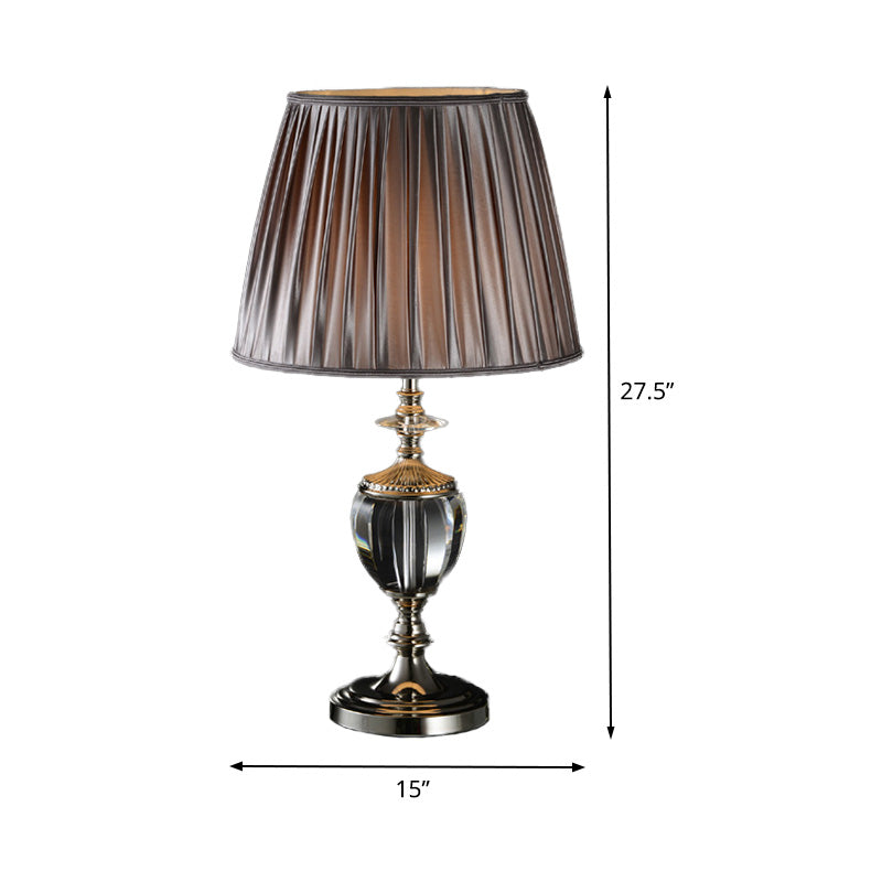 Modernist Grey Crystal Table Lamp With Tapered Drum Shade - 1 Head Fabric Light For Reading
