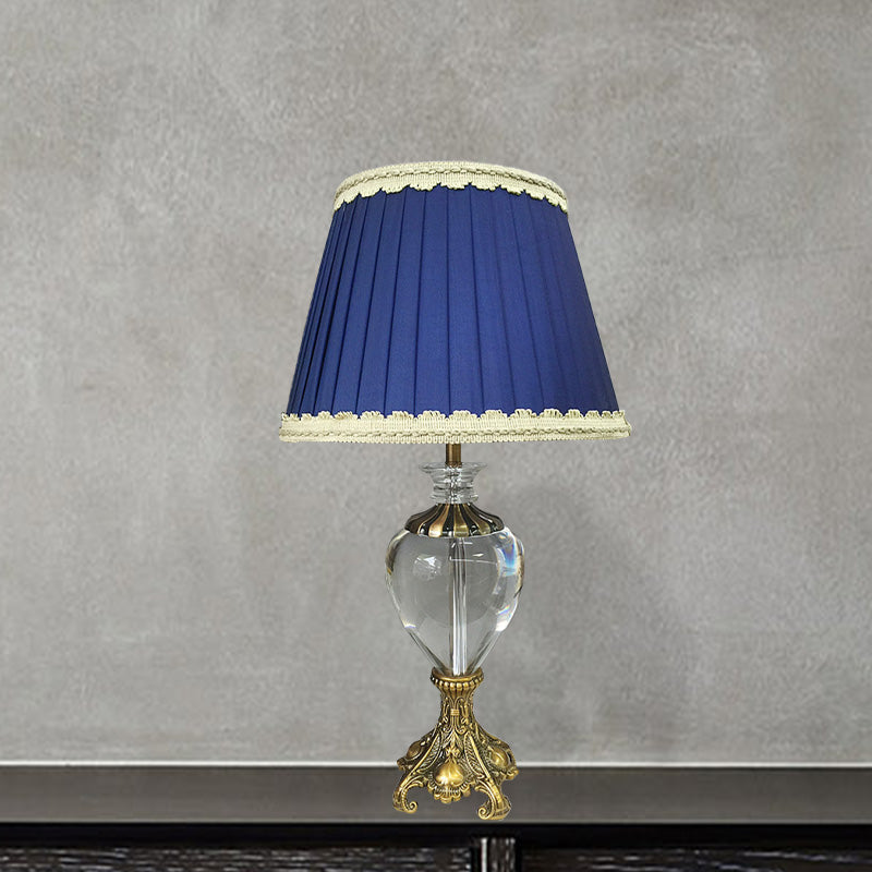 Modern Fabric Cone Study Lamp: Blue Table Light With Brass Metallic Base