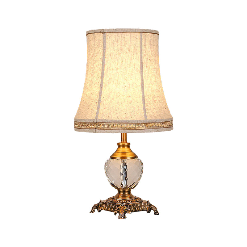 Modern Bell Fabric Table Lamp With Carved Bronze Metallic Base - Beige
