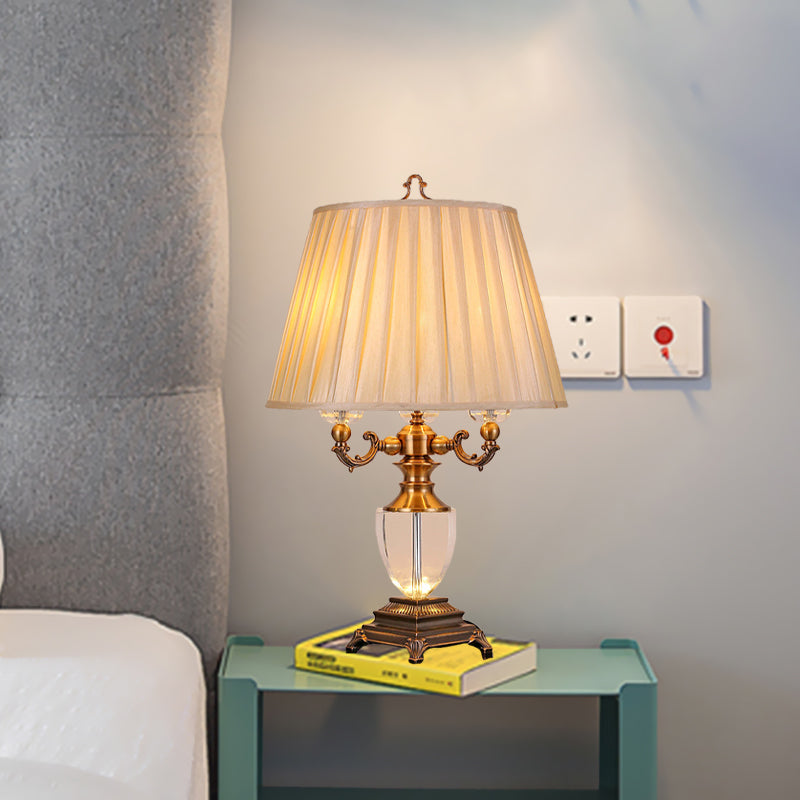 Modern Crystal Task Lamp With 3 Tapered Heads - Beige Fabric Reading Light