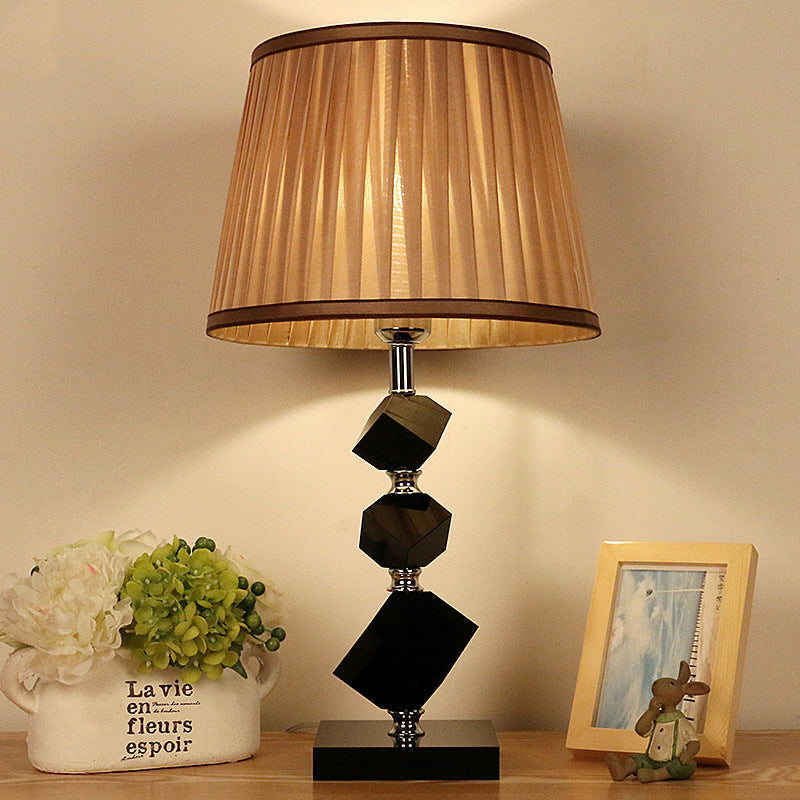 Black Faceted Crystal Table Lamp With Contemporary Pleated Lampshade - 1 Head Living Room Night In