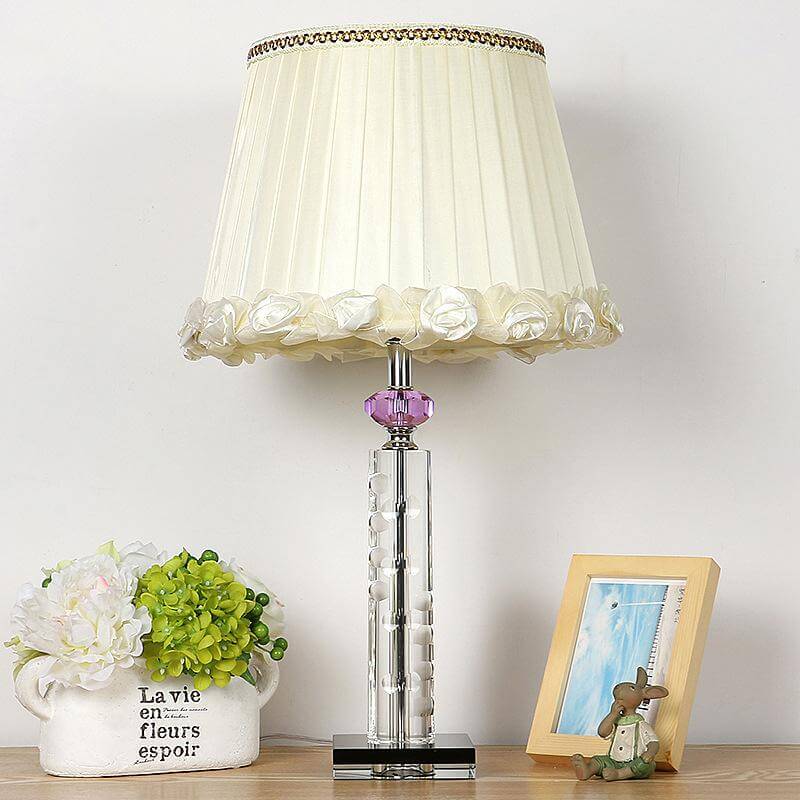 Minimalist White Table Lamp With Clear Crystal Base For Bedroom Night Lighting