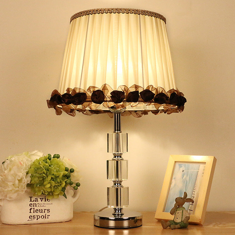 Beveled Crystal Nightstand Lamp - Minimalistic Barrel Design 1 Bulb Beige With Braided Trim