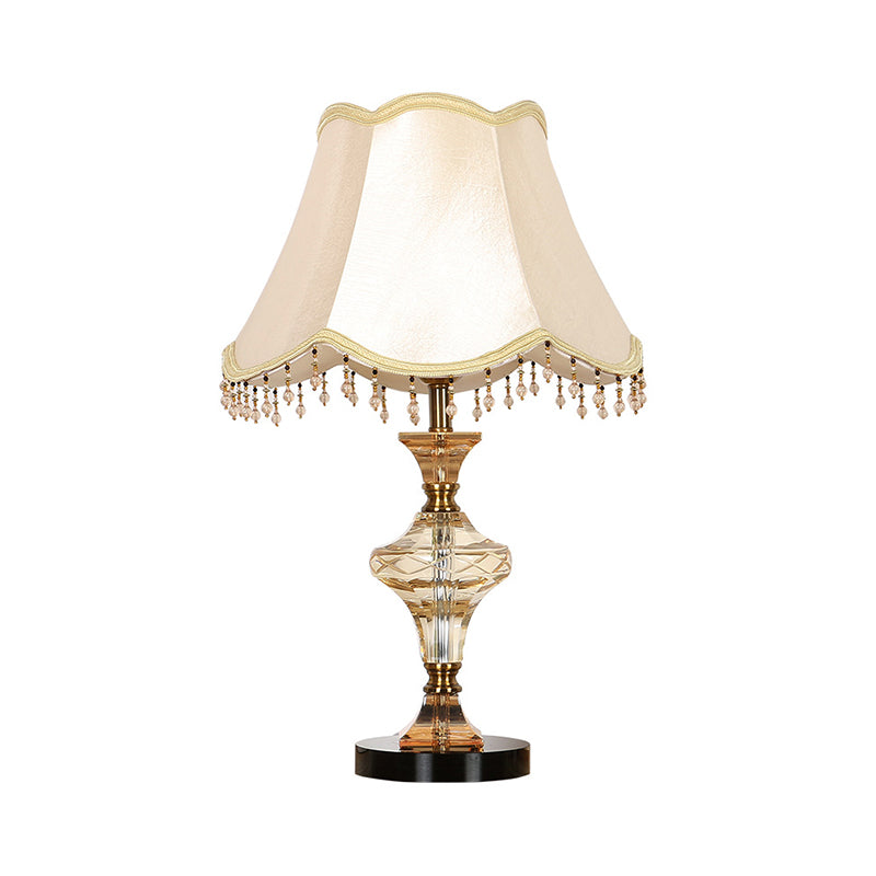 Modern Beige Paneled Bell Nightstand Lamp With Faceted Crystal And Vase-Shaped Base