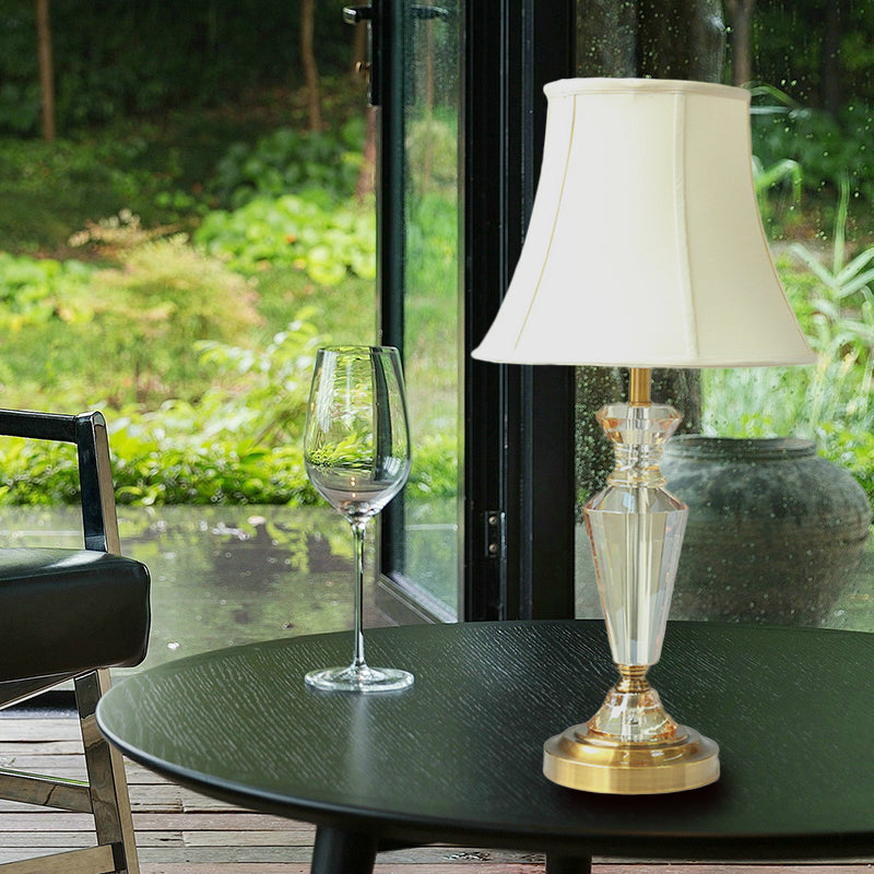 Contemporary Crystal Table Lamp: Panel Bell Style With Gold Finish And Round Pedestal