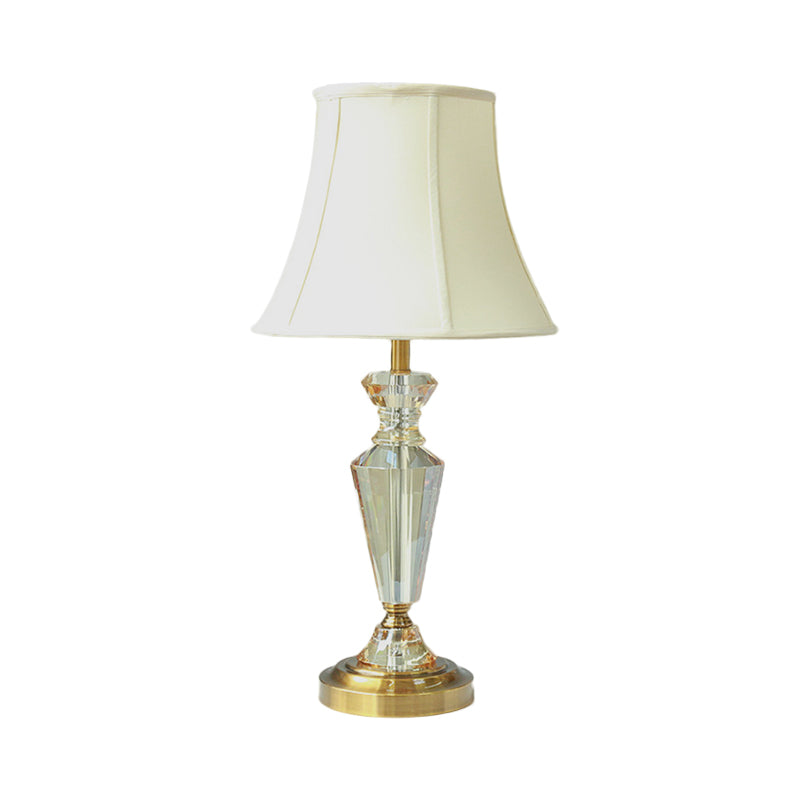 Contemporary Crystal Table Lamp: Panel Bell Style With Gold Finish And Round Pedestal