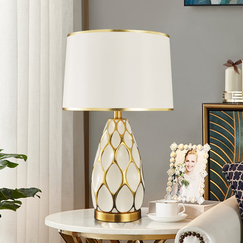 Ceramic Drum Table Lamp: Modern White Night Light For Living Room With Fabric Shade