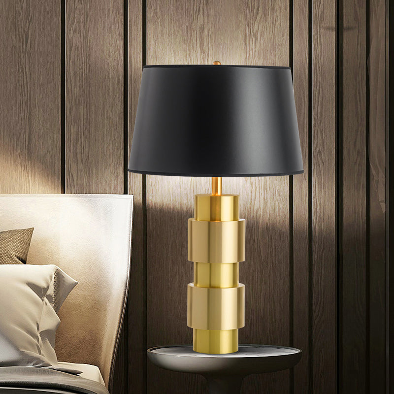 Minimalist Black Metal Table Light With Barrel Fabric Shade For Bedroom Night Lighting