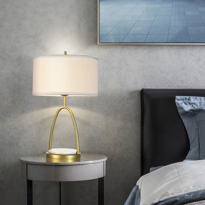 Modern Metal Drum Nightstand Light With White Fabric Shade - Perfect For Living Room