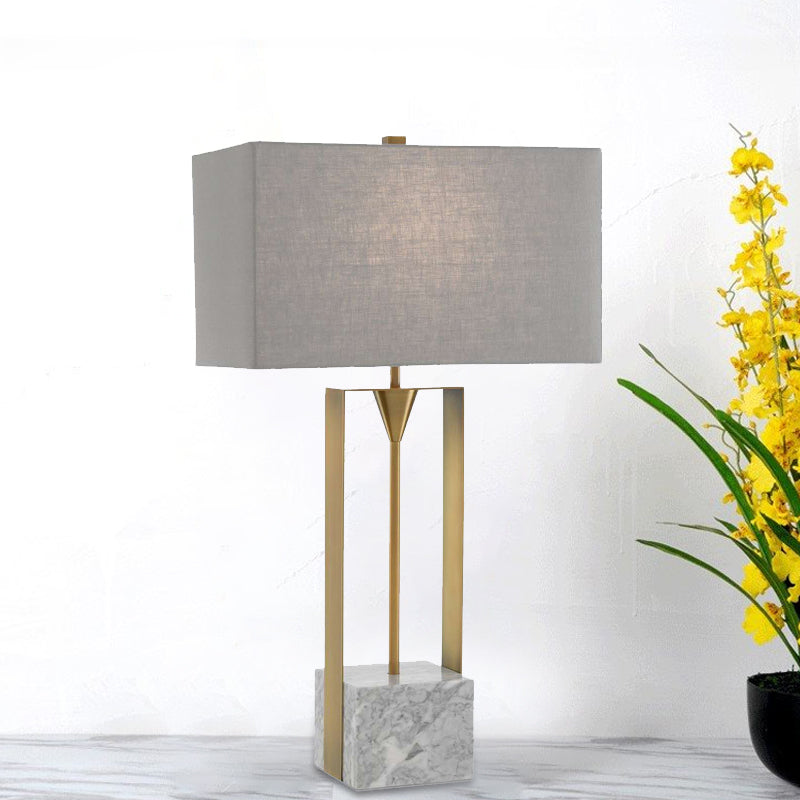 Grey Rectangular Stone Table Lamp With Fabric Shade - Modern 1-Bulb Nightstand Light