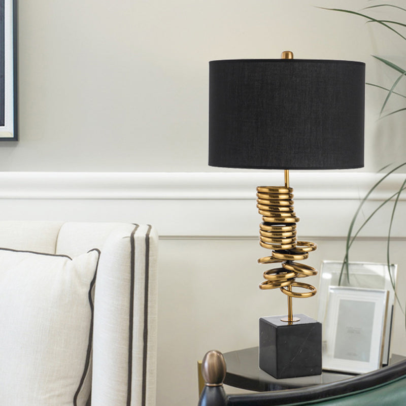 Post-Modern Drum Marble Table Lamp In Black With Fabric Shade - Ideal For Living Room Lighting