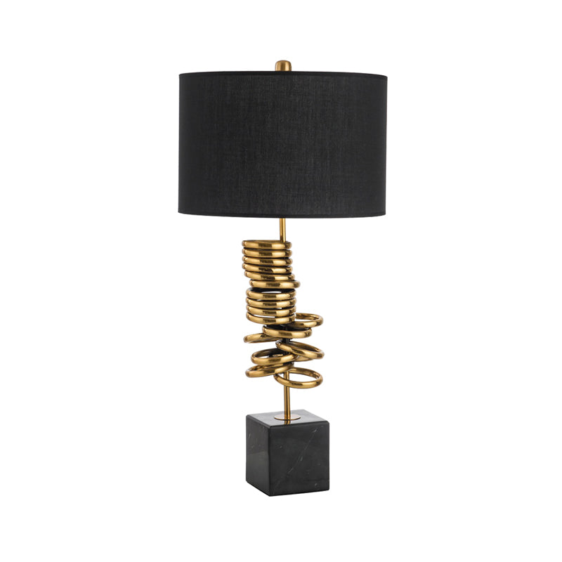 Post-Modern Drum Marble Table Lamp In Black With Fabric Shade - Ideal For Living Room Lighting