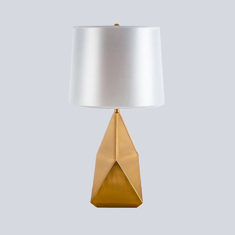 White Geometric Night Lamp - Luxury Metal Table Lighting With Barrel Fabric Shade