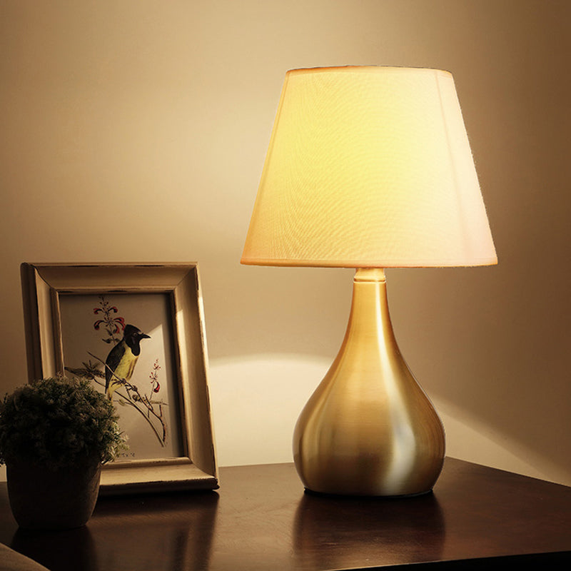 Luxurious 1-Head Brass Metal Nightstand Light For Living Room - Fabric Tapered Night Table Lighting