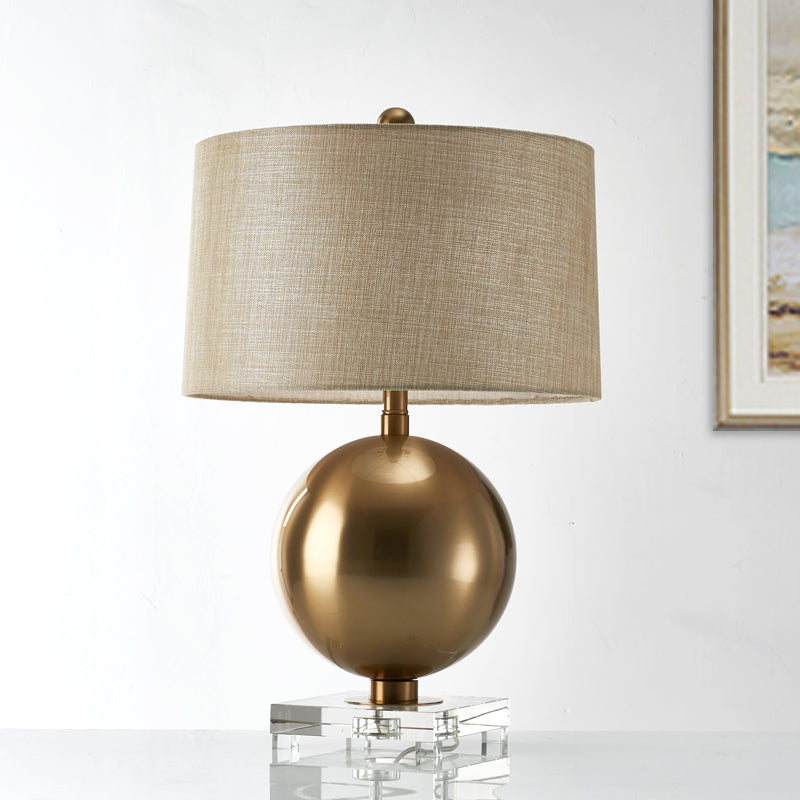 Flaxen Barrel Night Table Lamp With Crystal Pedestal - Modern Fabric Nightstand Light