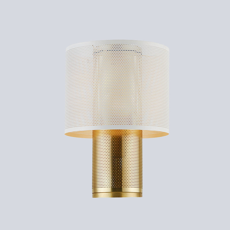 Minimalist 1-Light White Cylinder Nightstand Lamp With Metal Shade Bedroom Lighting