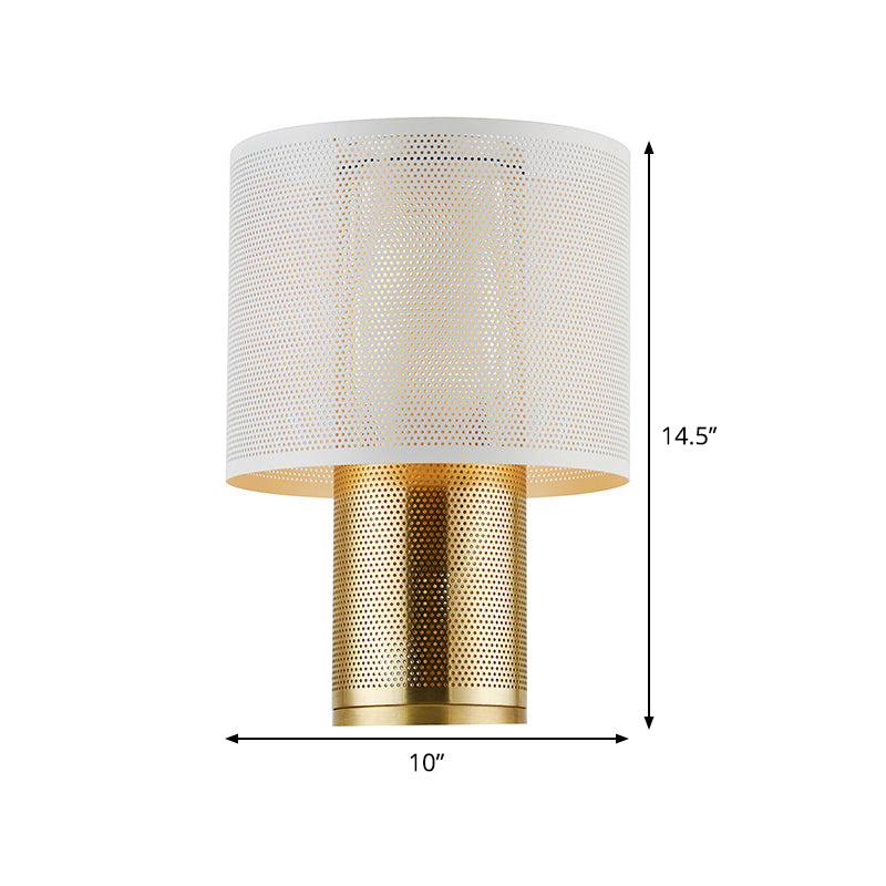 Minimalist 1-Light White Cylinder Nightstand Lamp With Metal Shade Bedroom Lighting